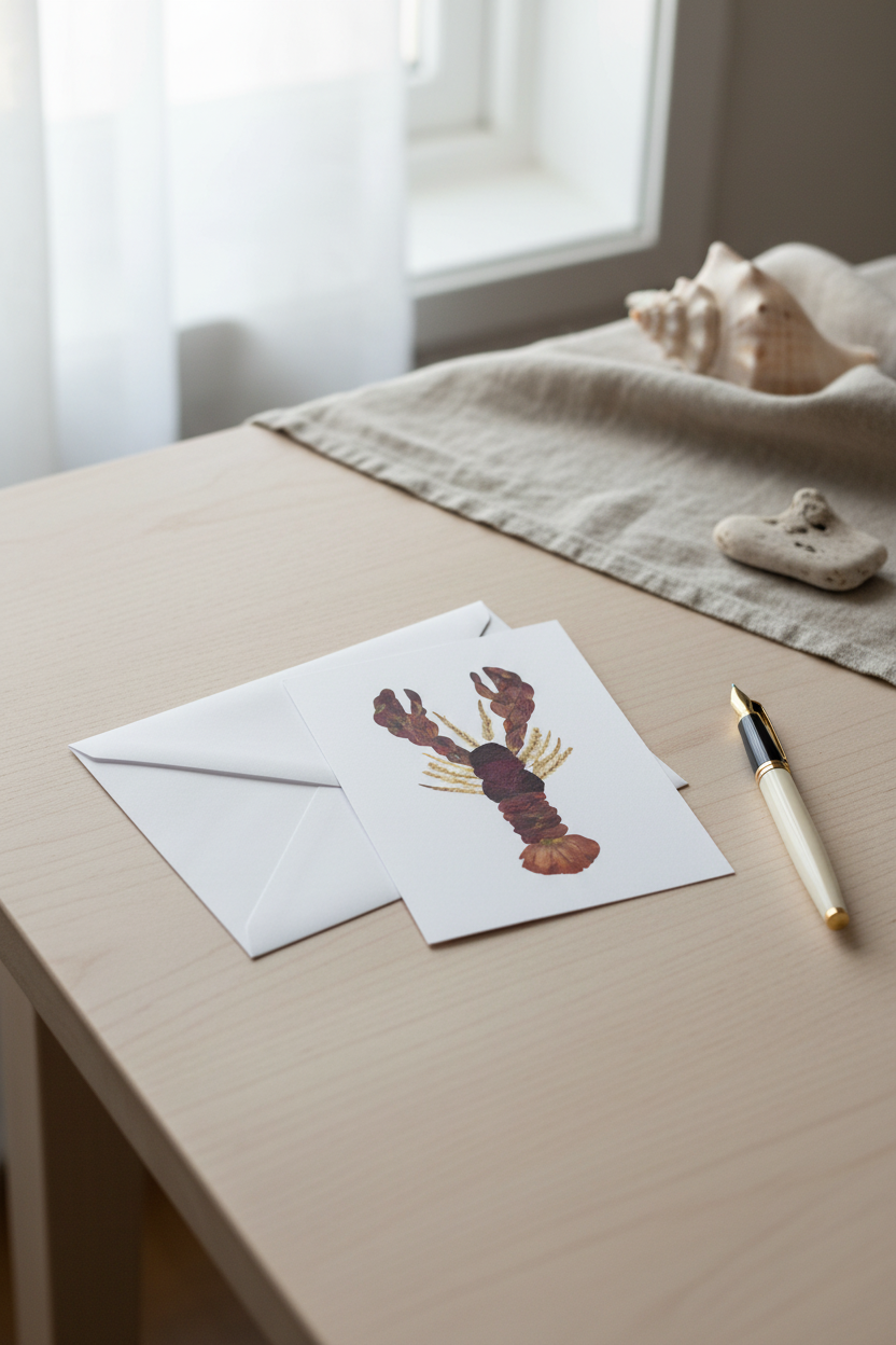 Greeting card with a lobster pressed flowers on a white background