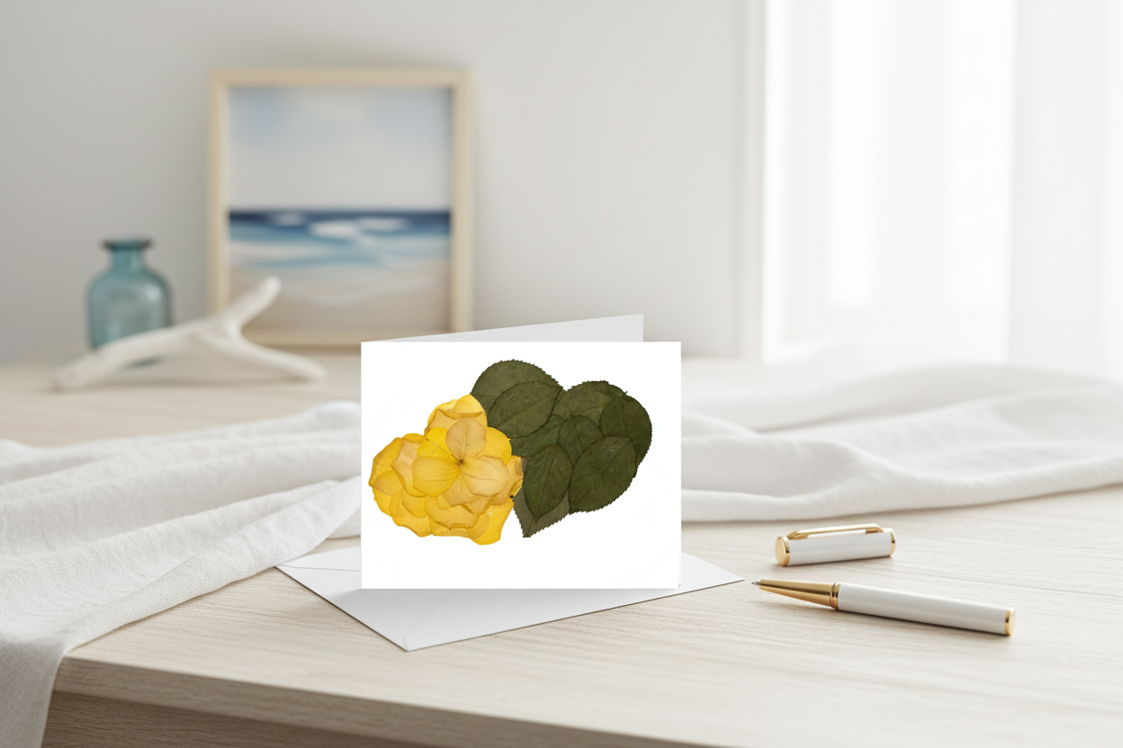 Greeting card with yellow flower and green leaves on a white background