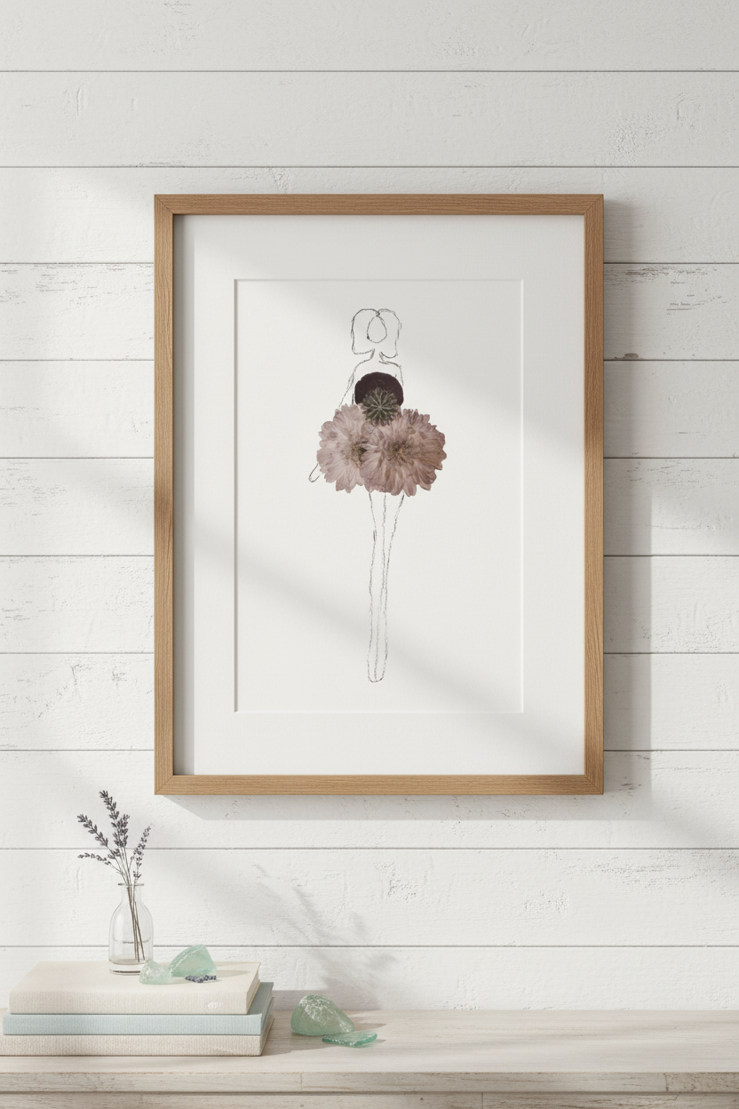 Framed artwork of a pressed flower dancer on a white background