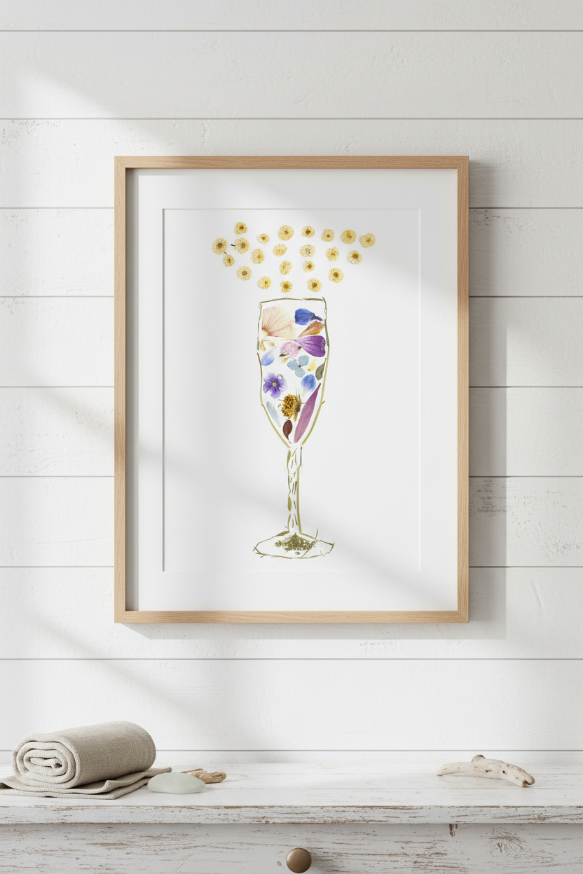 Framed artwork of a champagne glass made with pressed flowers  on a white background