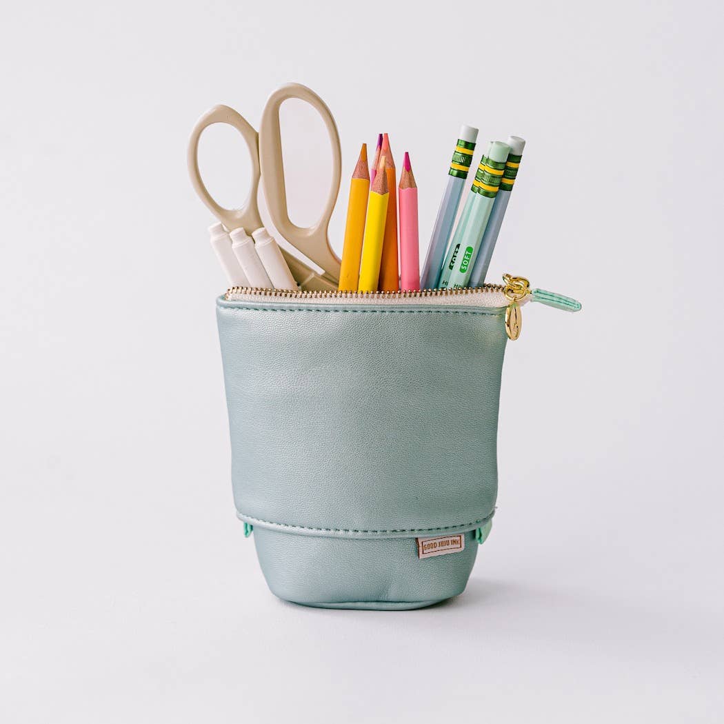 Luxe Standing Pencil Pouch - Metallic Blue Sky