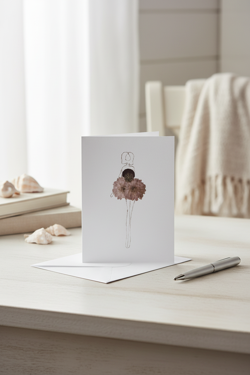 Greeting card with a stylized pressed flower ballerina in a tutu on a white background