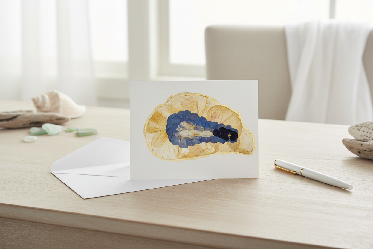 Greeting card with a pressed flower oyster abstract design on a white background