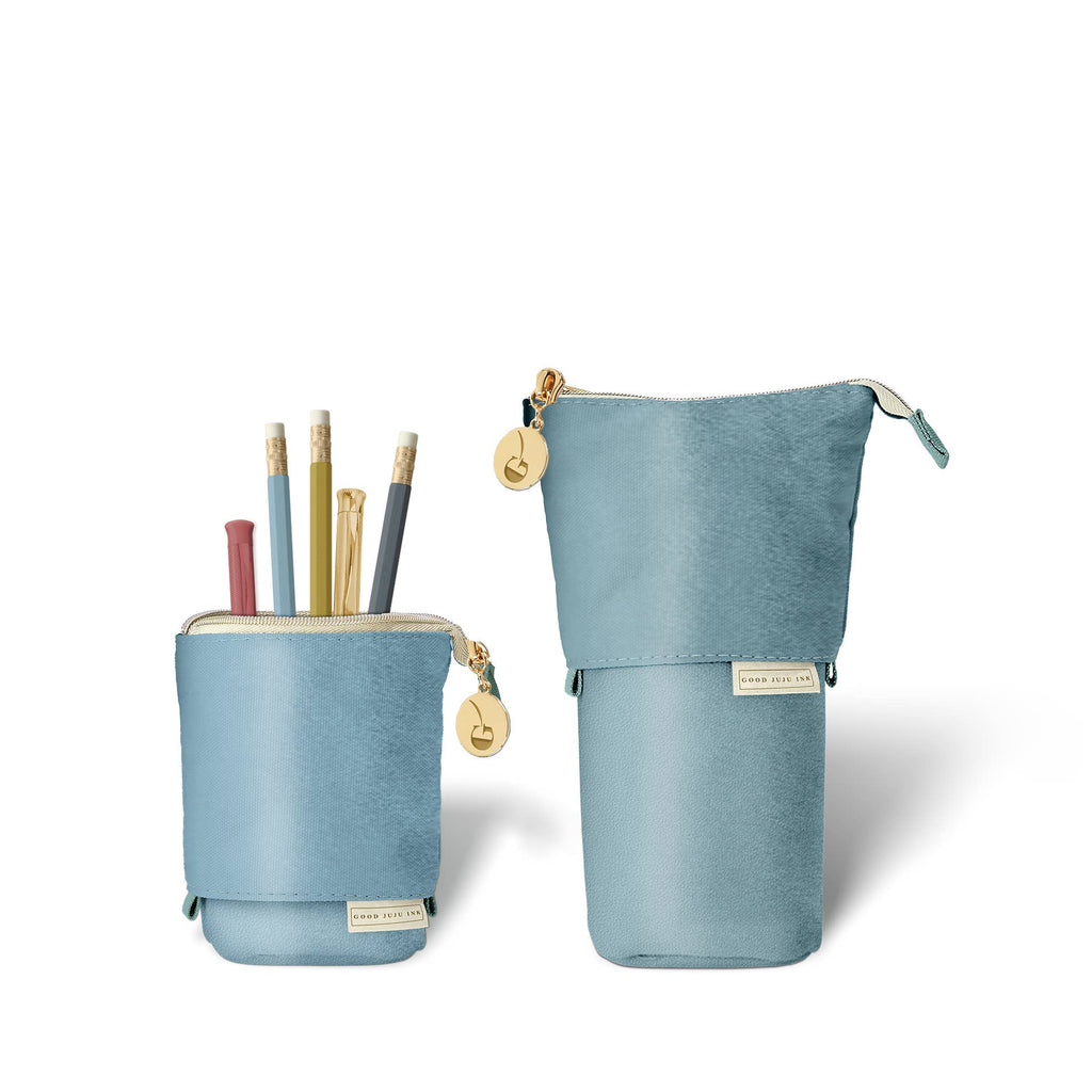 Luxe Standing Pencil Pouch - Metallic Blue Sky