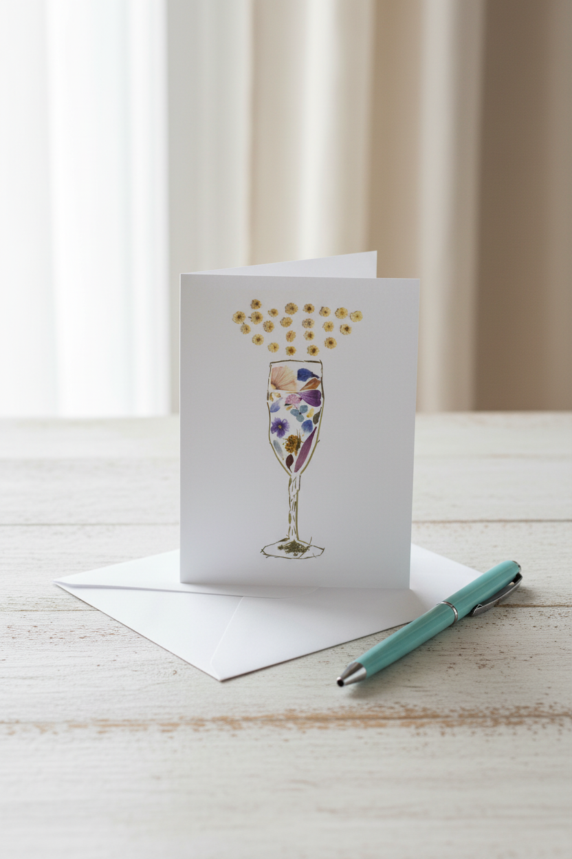 Greeting card with a floral champagne glass design on a white background
