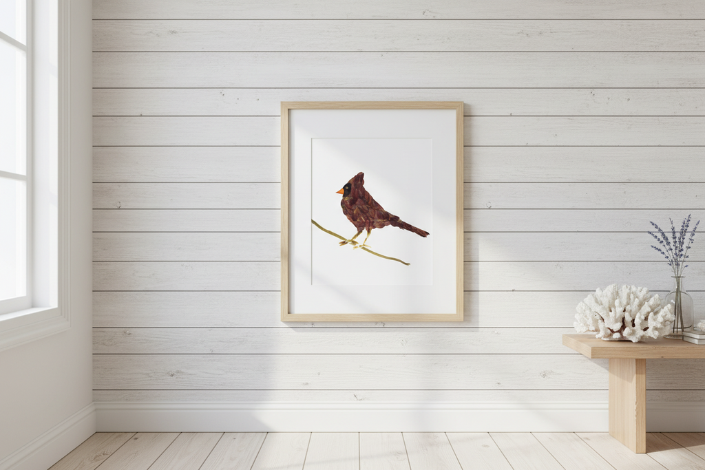Pressed flower Cardinal bird on a branch with a white background.