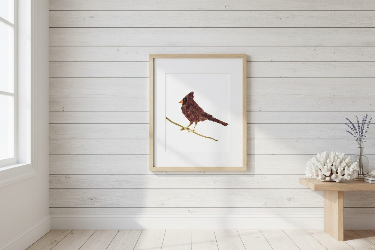 Pressed flower Cardinal bird on a branch with a white background.