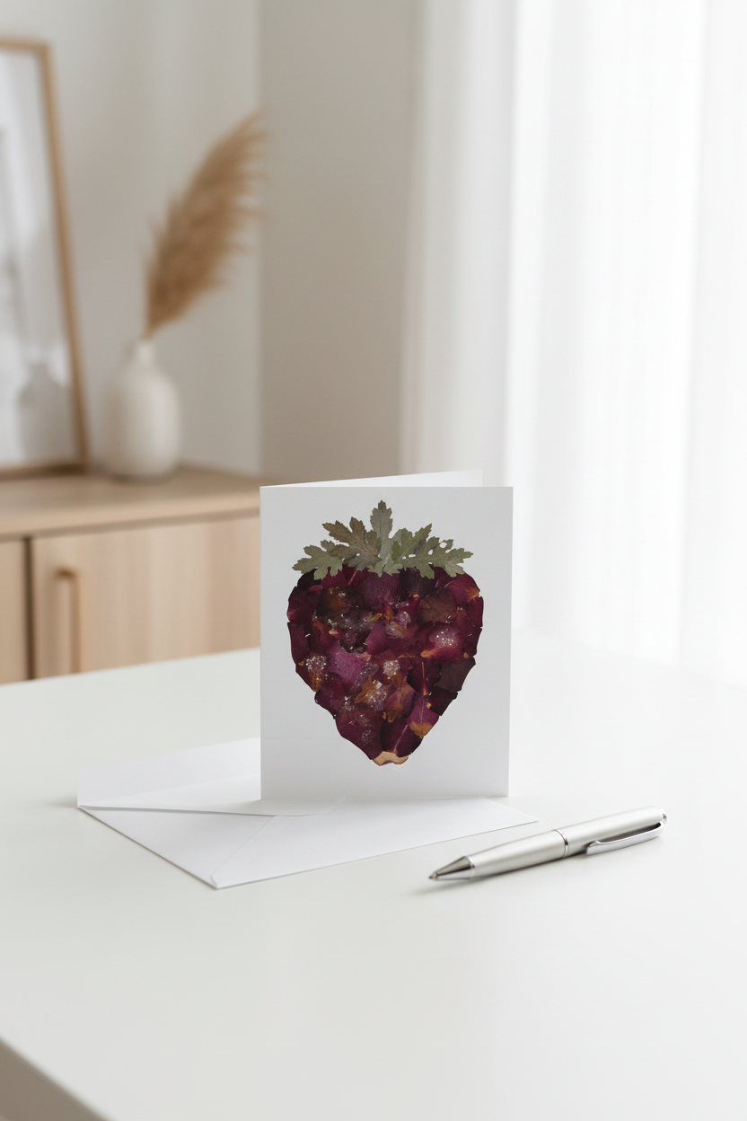 A white greeting card featuring a pressed flower art of a strawberry made from dark burgundy and purple dried flower petals with green leaves, shown with a white envelope on a light gray background.
