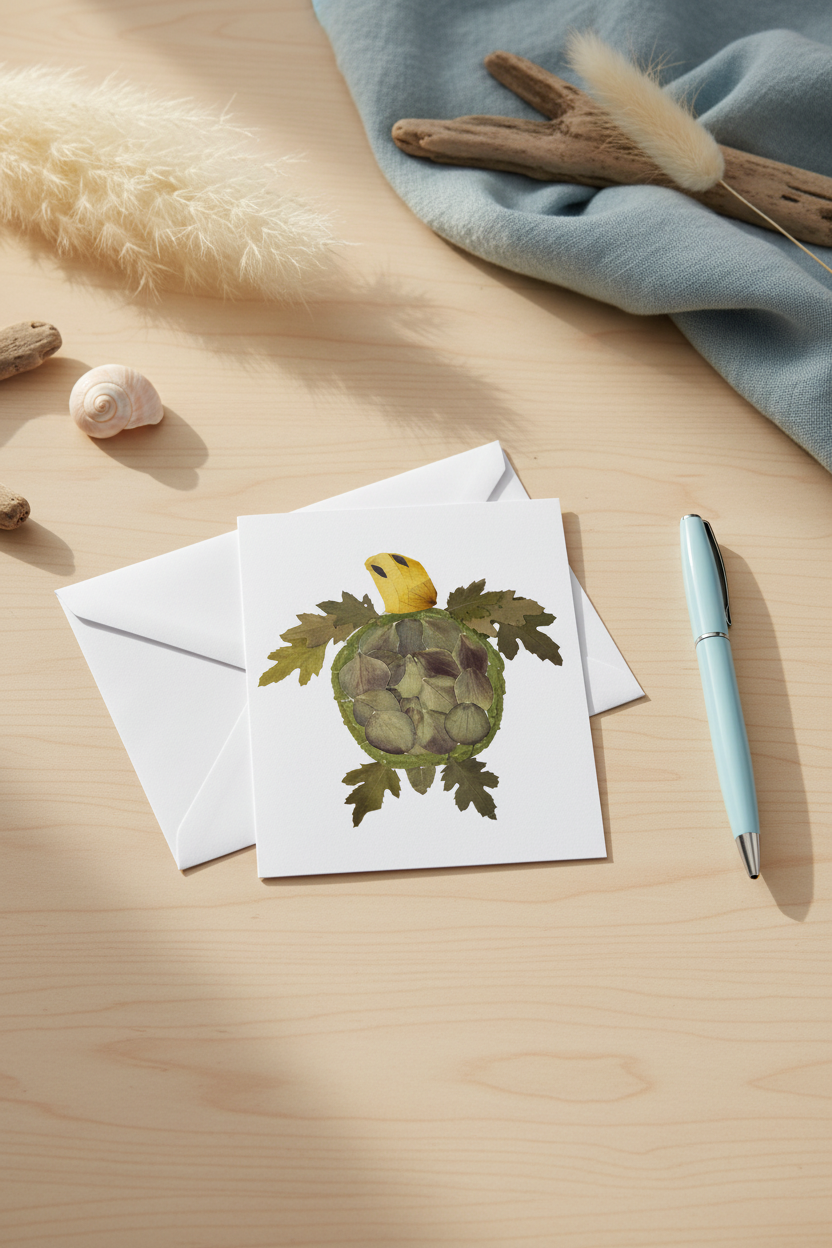 A white greeting card featuring a pressed flower sea turtle illustration with a yellow head and green shell, shown with a white envelope on a light gray background.