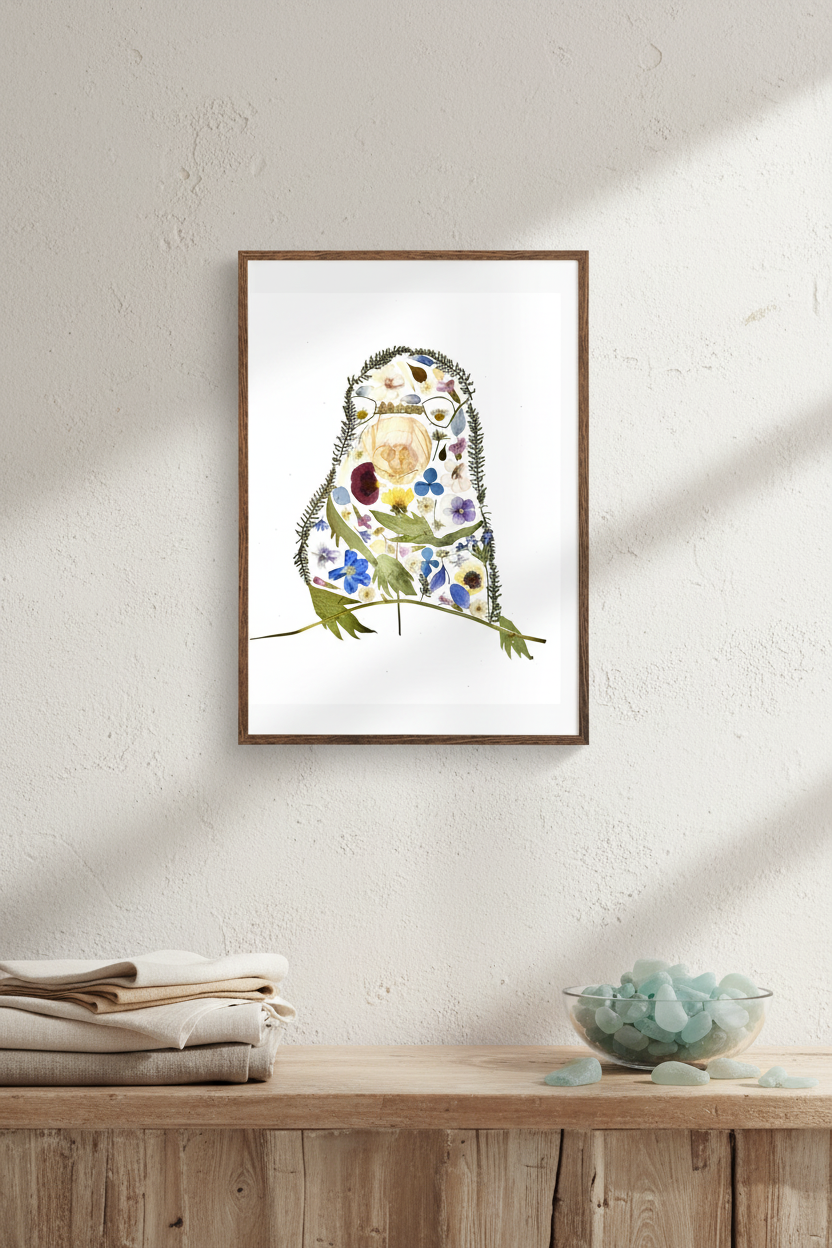 Framed artwork of a floral porcupine on a white background