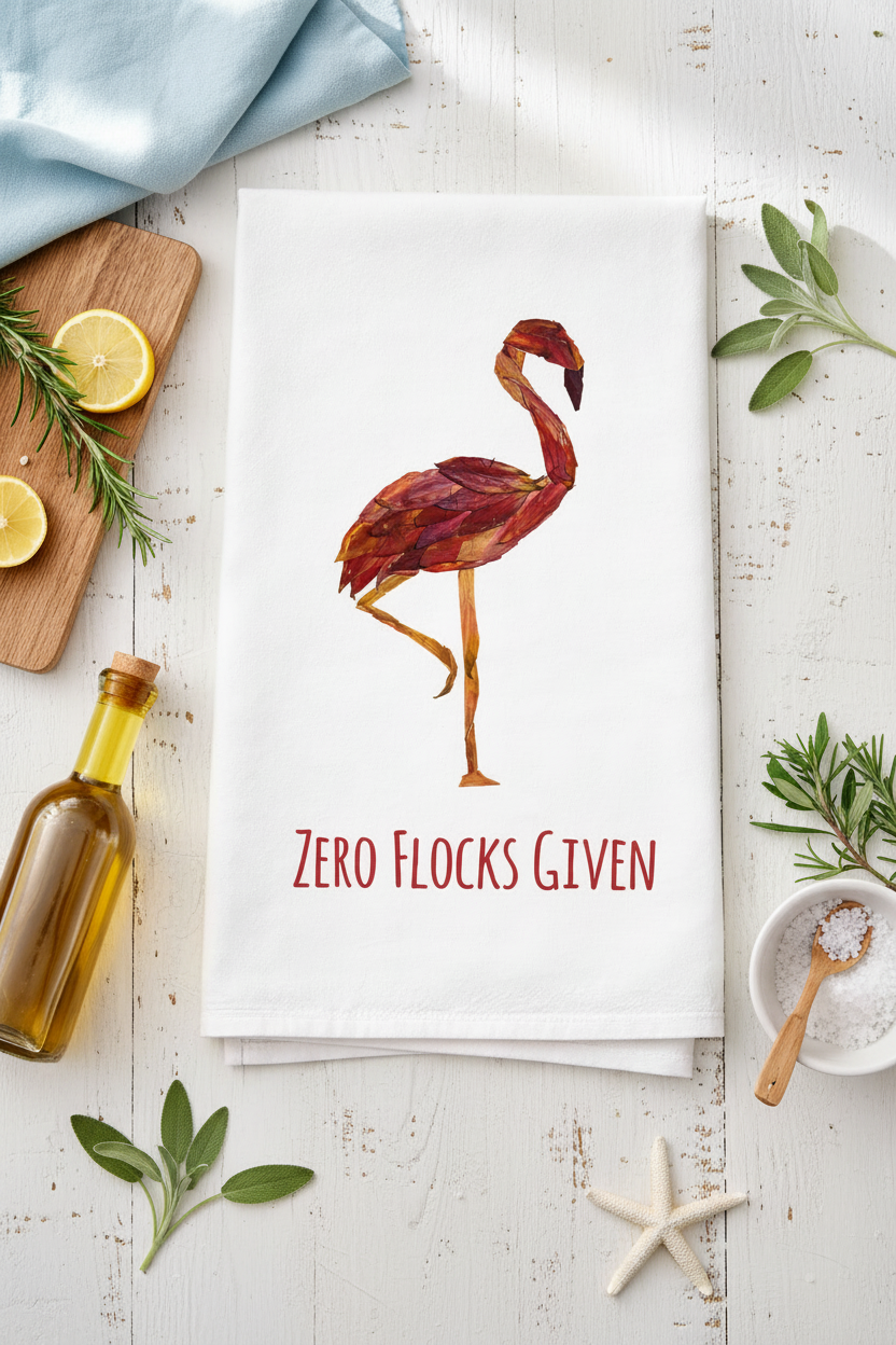 Tea towel with a flamingo design and 'Zero Flocks Given' text on a wooden surface.
