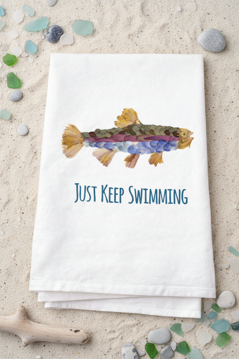 Stack of white towels with a colorful fish design and 'Just Keep Swimming' text on a wooden surface with kitchen items.