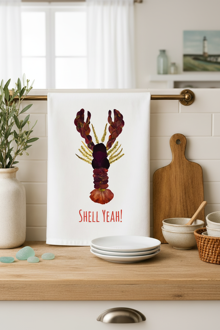 Kitchen towel with a colorful lobster design and 'Shell Yeah!' text, placed on a kitchen counter.