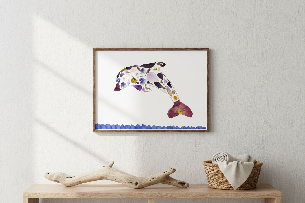 Framed artwork of a colorful dolphin with floral patterns on a white background