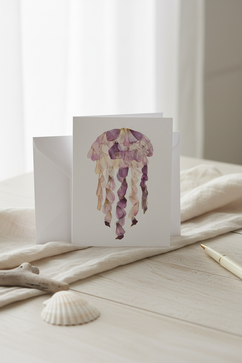 Greeting card with a pressed flower jellyfish design on a white background