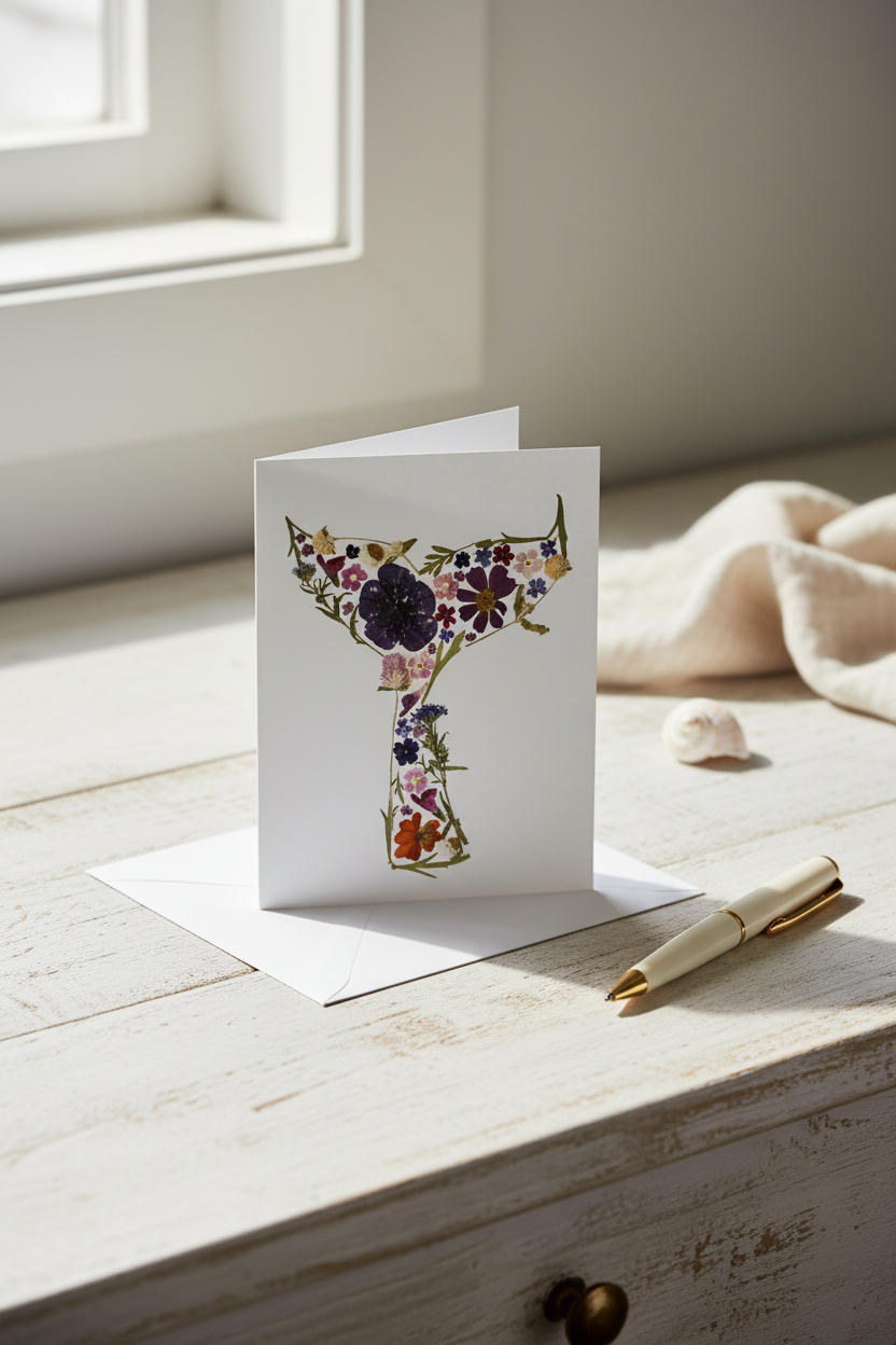 Greeting card with pressed flower whales tail  design on a white background