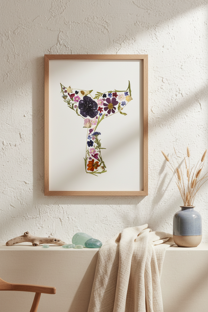 Floral whale tail art piece in a gold frame on a white background