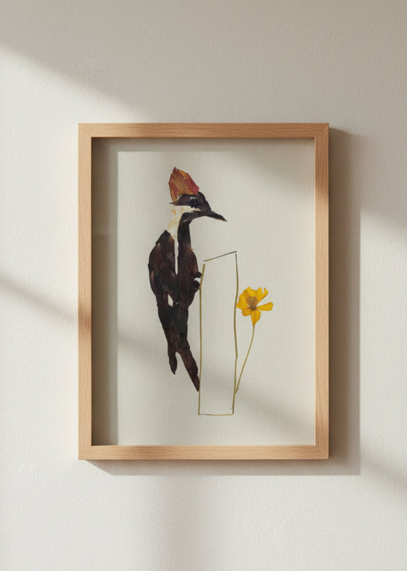 A pressed flat-lay art piece featuring a woodpecker crafted from dark brown and black leaves, a white chest detail, a reddish-brown crest, and a small yellow flower, set against a clean white background.