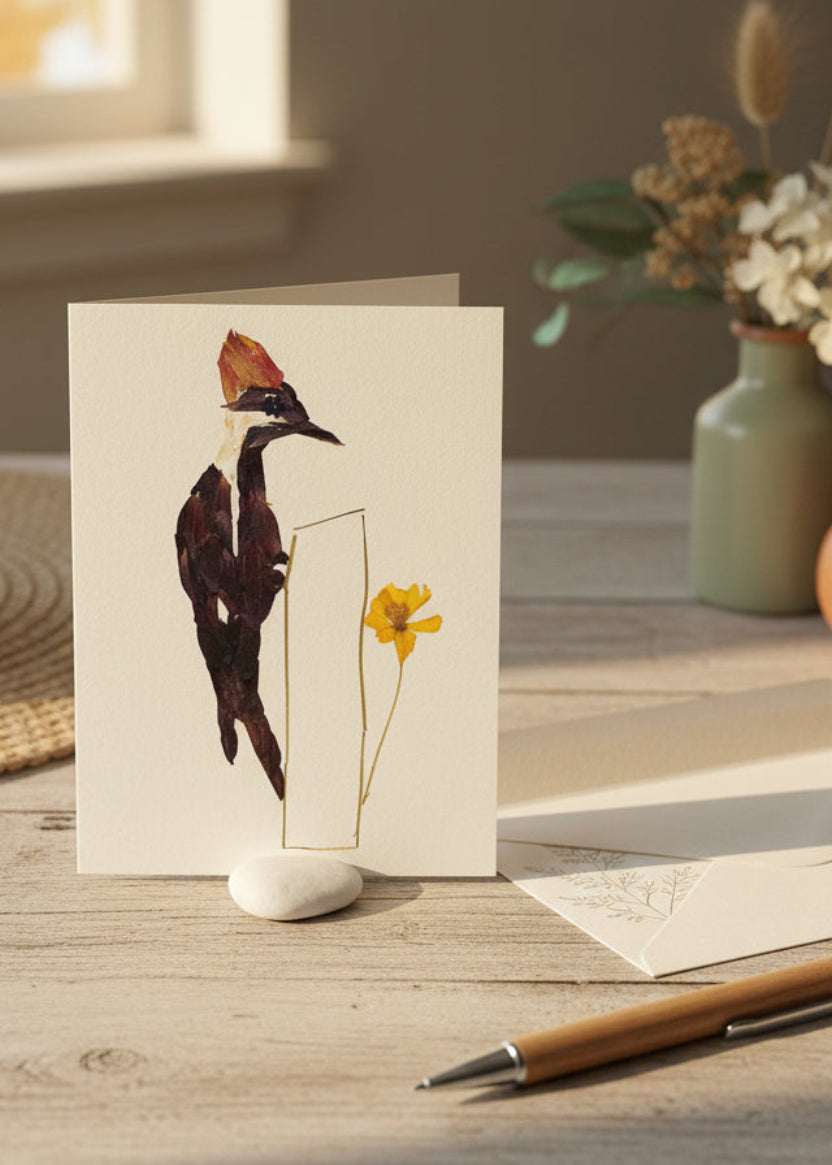 A pressed flat-lay art piece featuring a woodpecker crafted from dark brown and black leaves, a white chest detail, a reddish-brown crest, and a small yellow flower, set against a clean white background.
