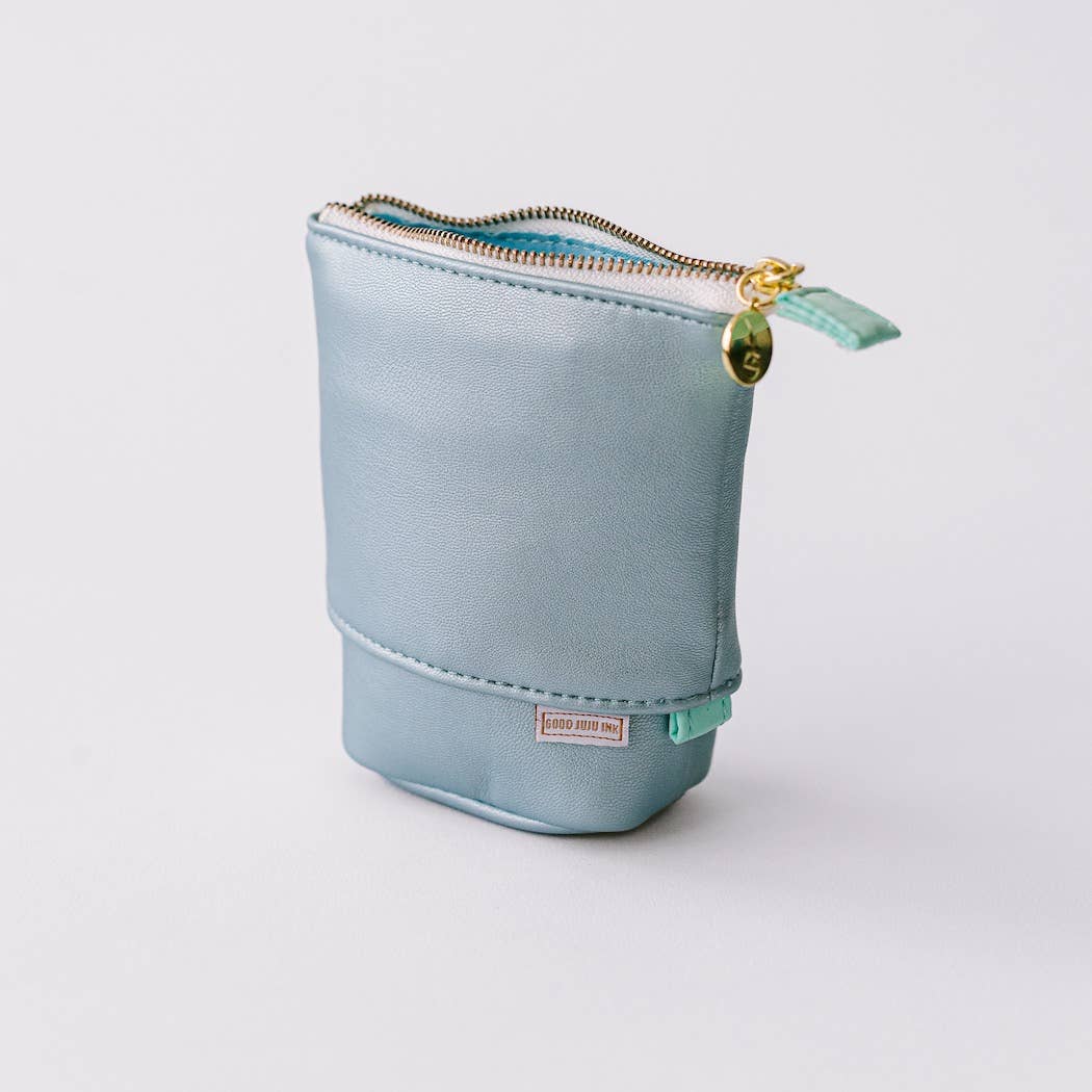 Luxe Standing Pencil Pouch - Metallic Blue Sky
